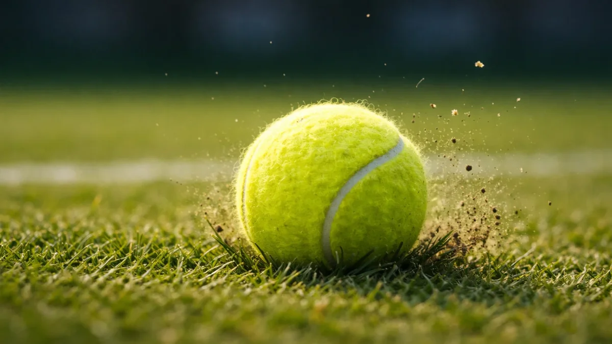 Tennisball beim niedrigen Absprung auf Rasenbelag