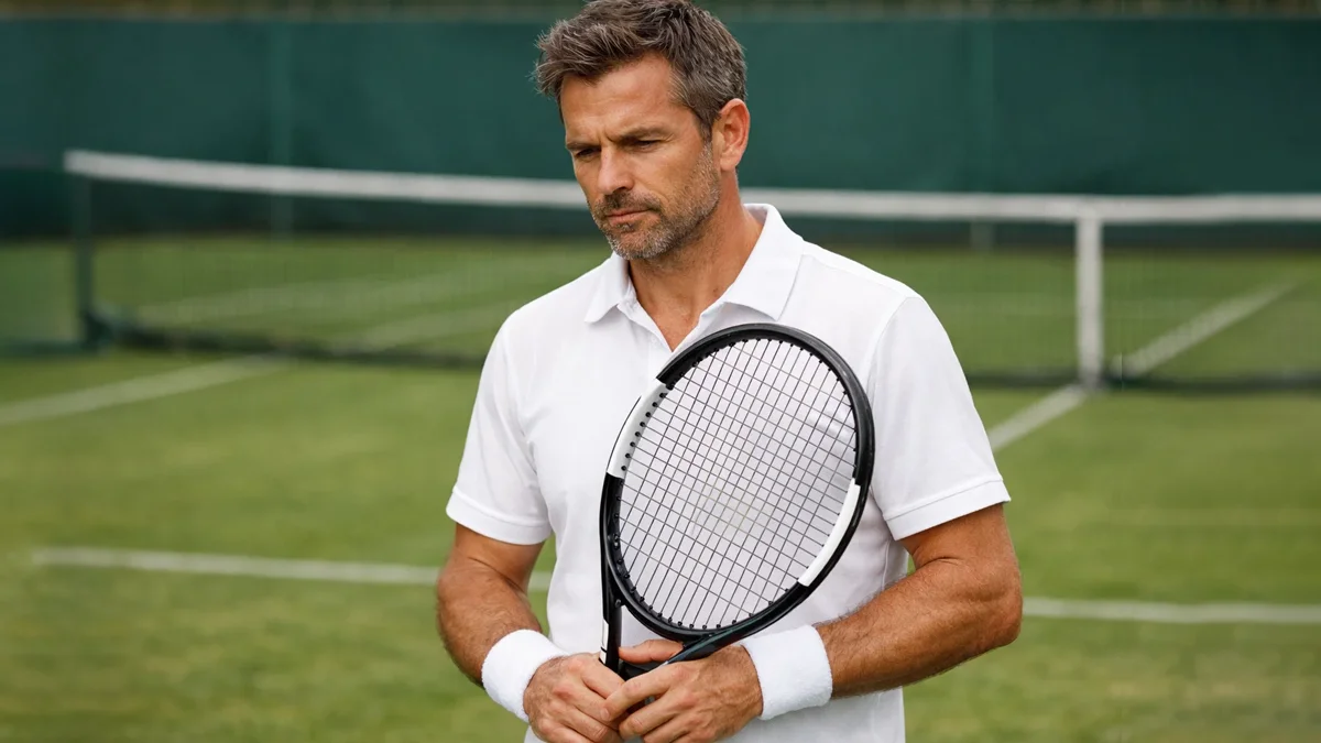 Konzentrierter Tennisspieler in weißer Kleidung auf Rasenplatz