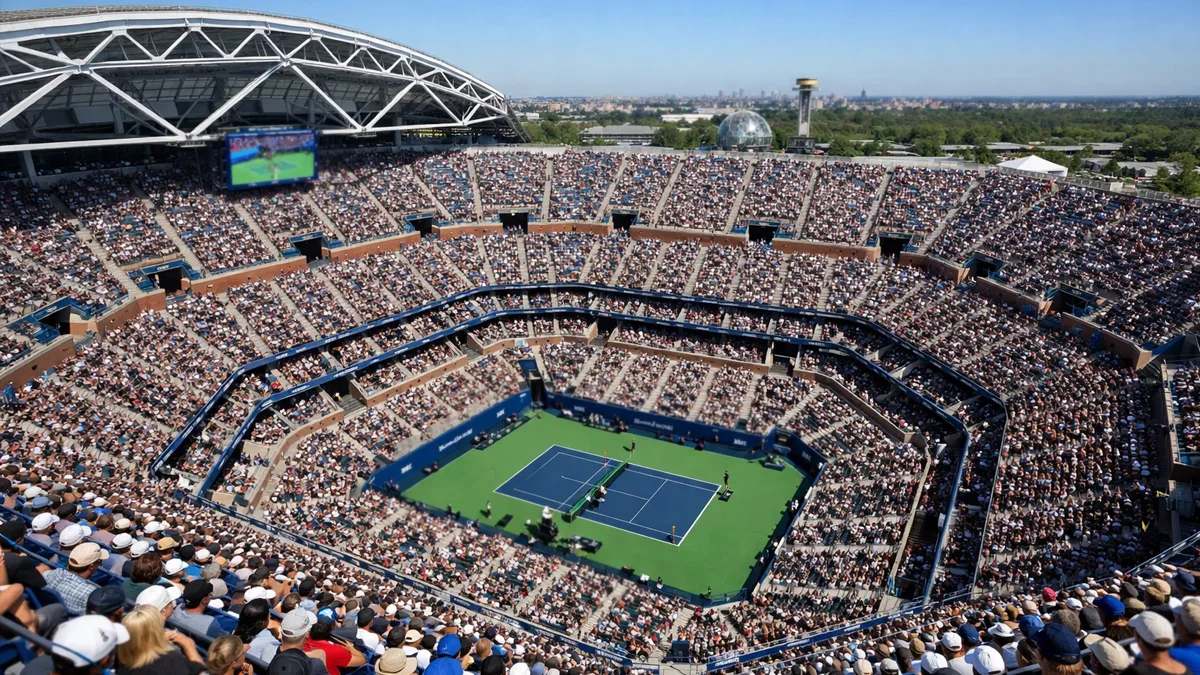 Vogelperspektive eines gefüllten Grand-Slam-Tennisstadions während eines Matches