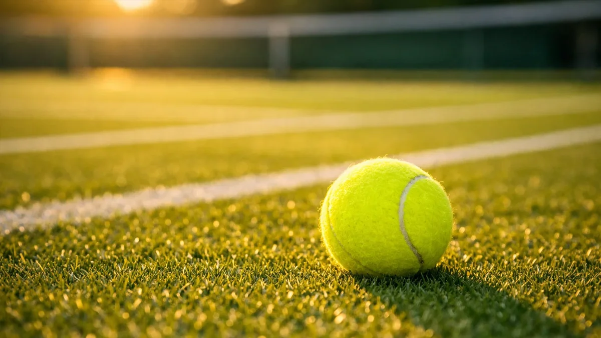 Tennisball auf gepflegtem Rasenplatz im Sonnenlicht