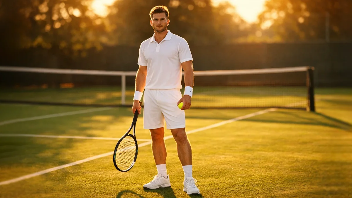 Tennisspieler in weißer Kleidung auf einem gepflegten Rasenplatz im Sonnenlicht