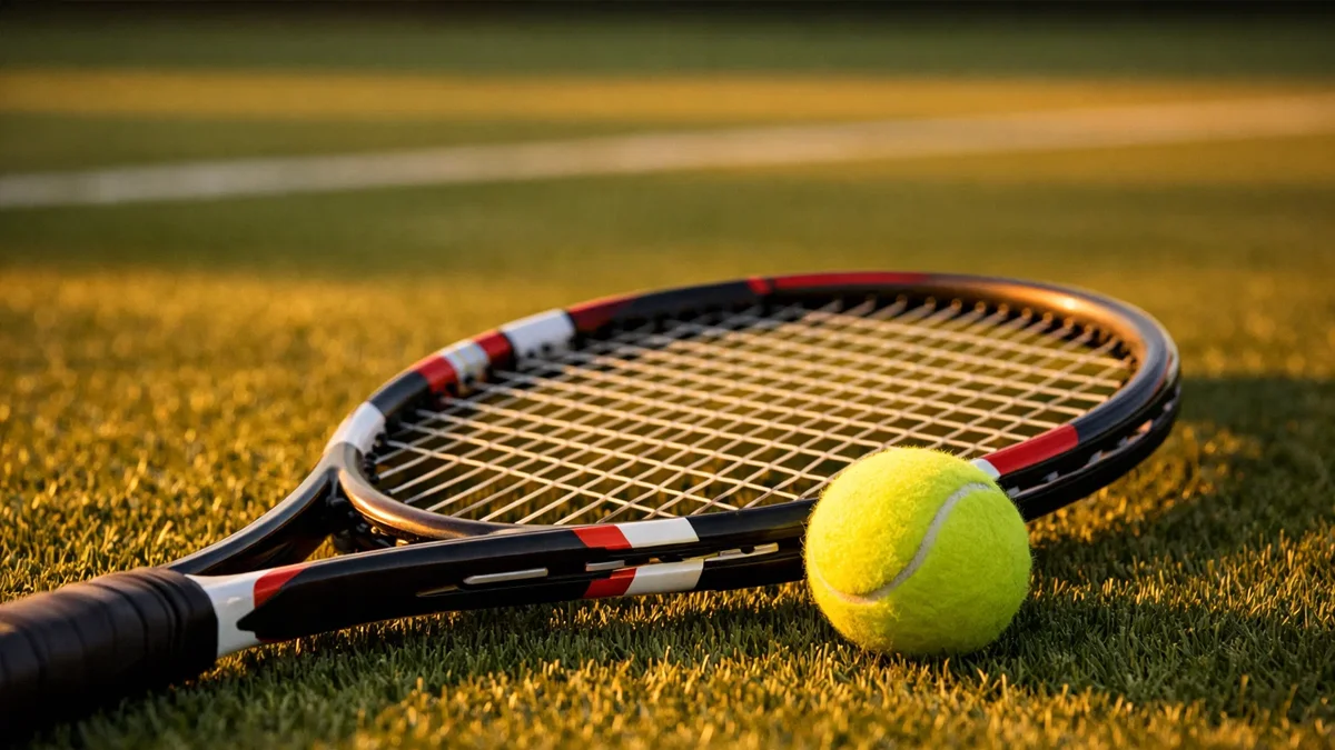 Tennisschläger und Ball auf Rasenplatz mit dramatischer Beleuchtung