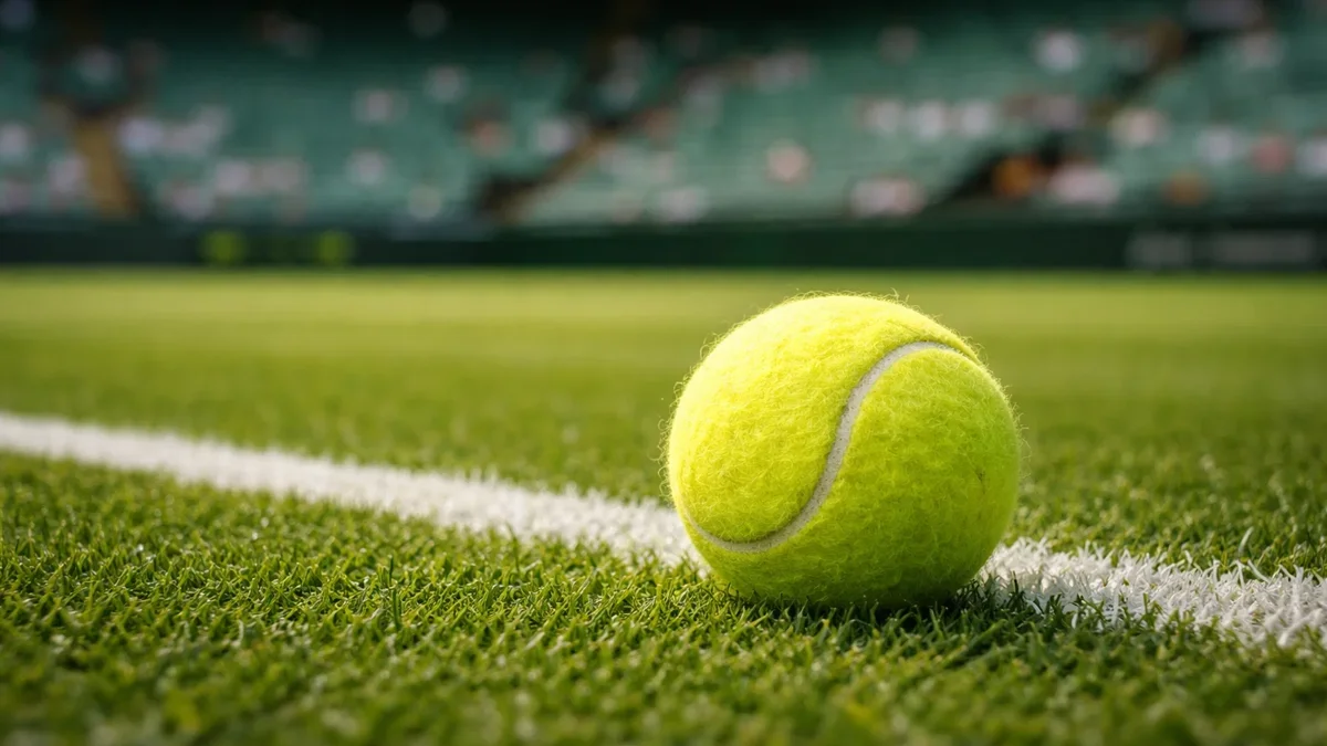 Tennisball auf Rasenplatz mit Wimbledon-Atmosphäre im Hintergrund