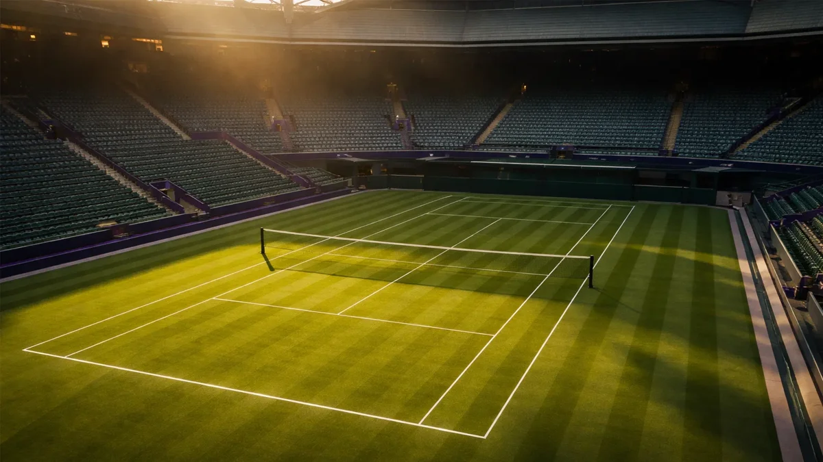 Luftaufnahme des Wimbledon Rasenplatzes bei Sonnenuntergang mit perfekt gepflegtem grünem Rasen und weißen Linien