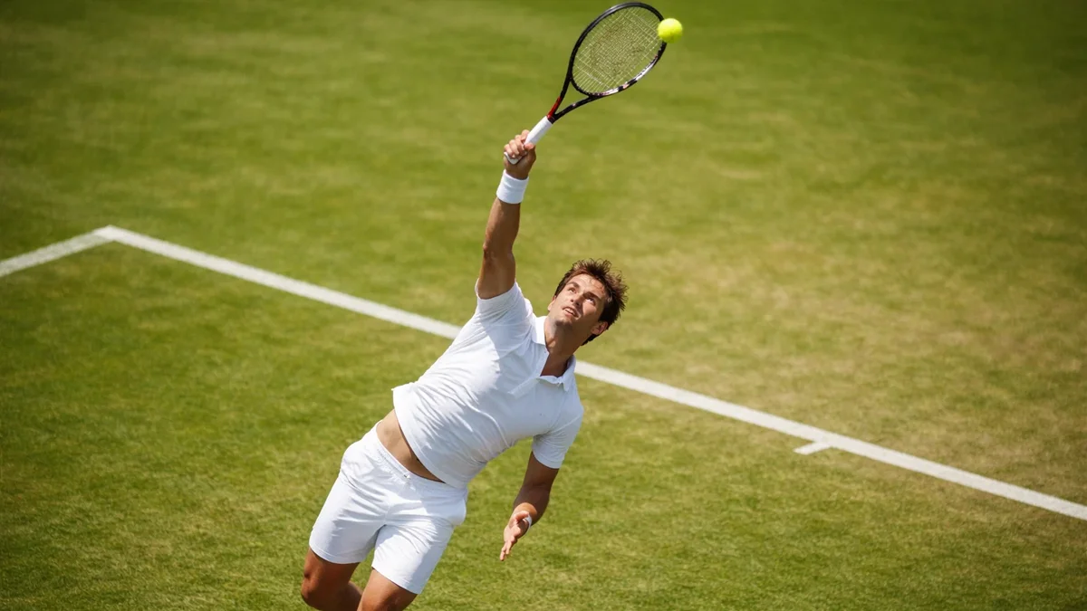 Tennisspieler beim kraftvollen Aufschlag auf Rasenplatz