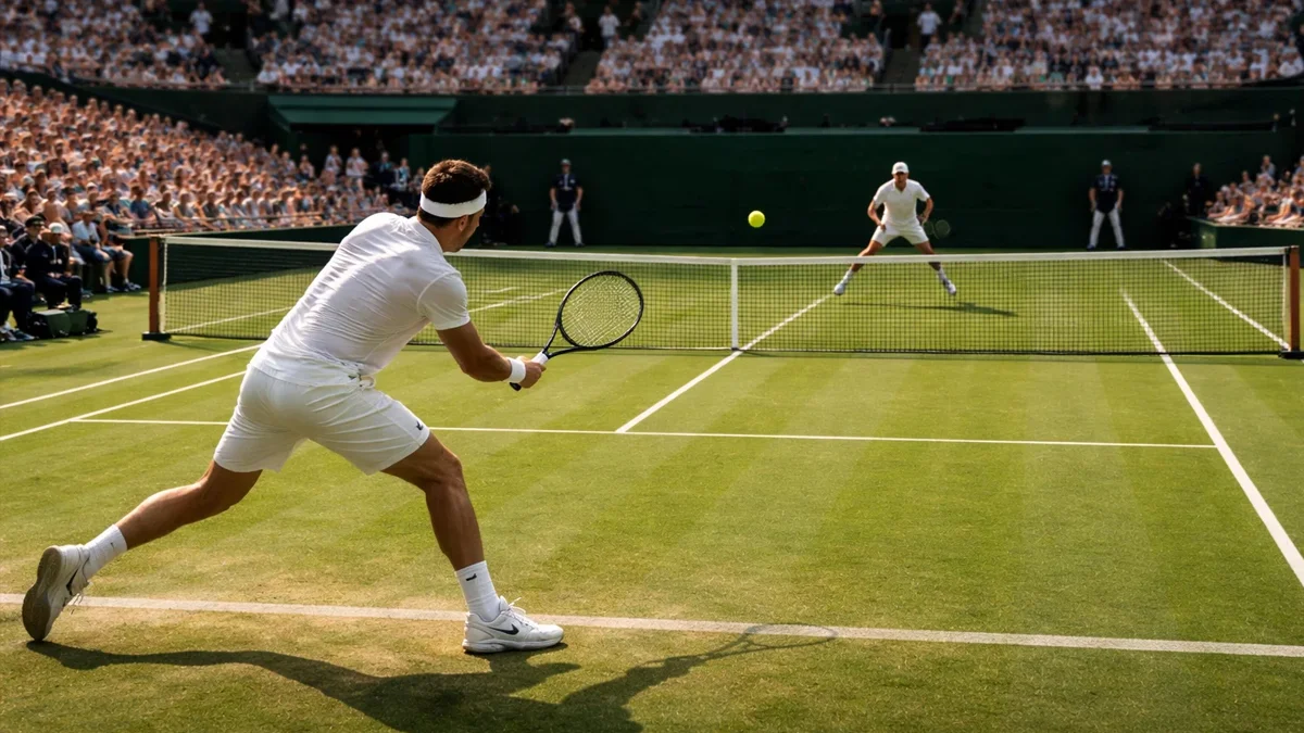 Intensives Tennis-Duell auf dem Wimbledon Rasenplatz mit zwei Spielern während eines Ballwechsels