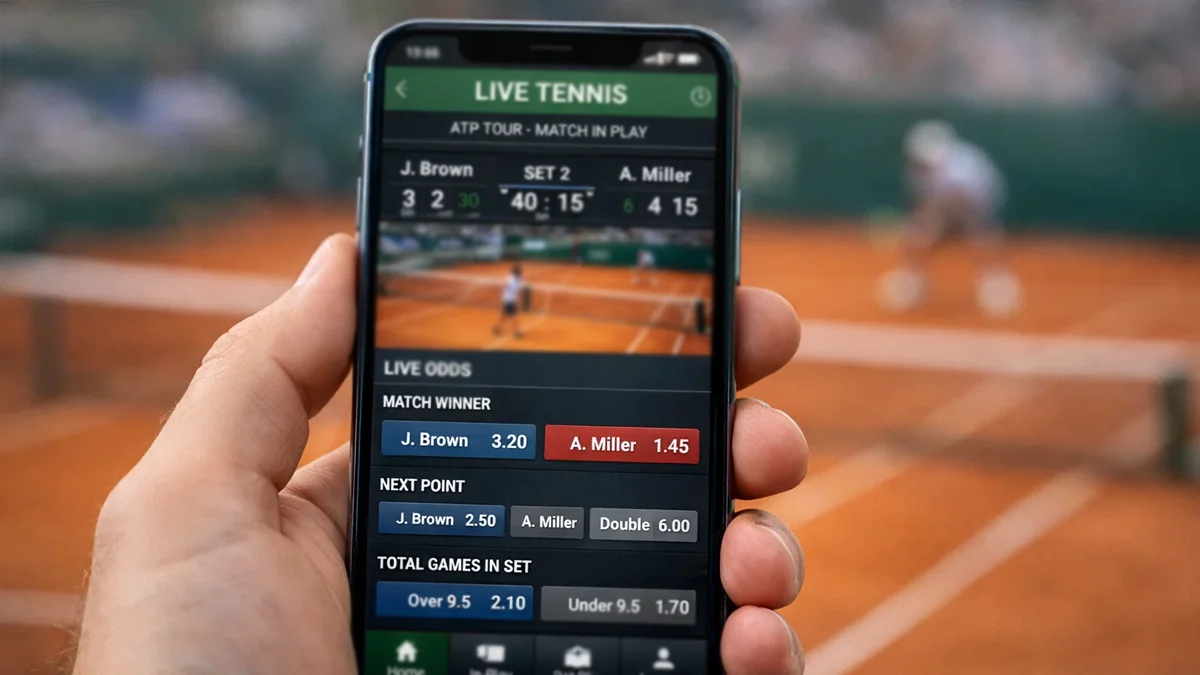Smartphone zeigt Live-Tennis-Wettquoten während eines Matches