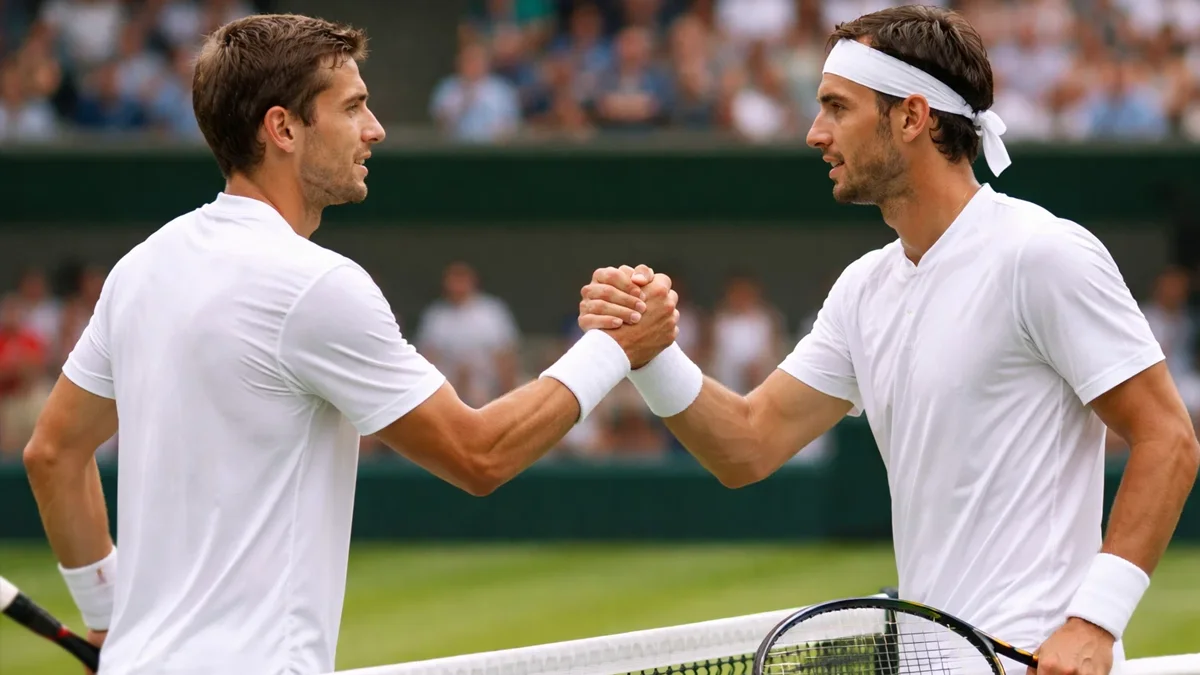 Zwei Tennisspieler beim Händedruck am Netz nach einem Rasenmatch