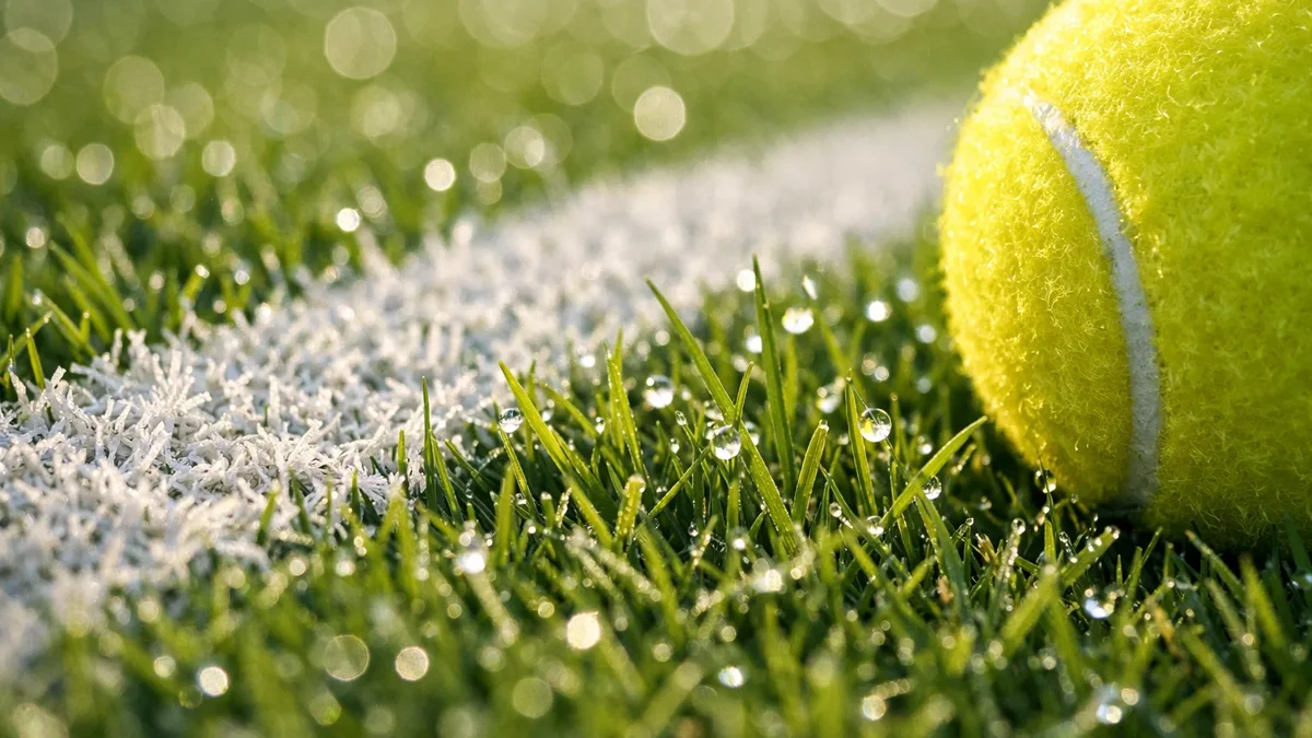 Nahaufnahme der Wimbledon Rasenoberfläche mit Grashalmen, Tennisball und weißer Linie