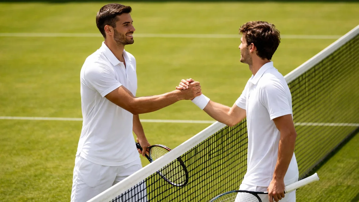 Zwei Tennisspieler am Netz nach einem Match beim Händeschütteln