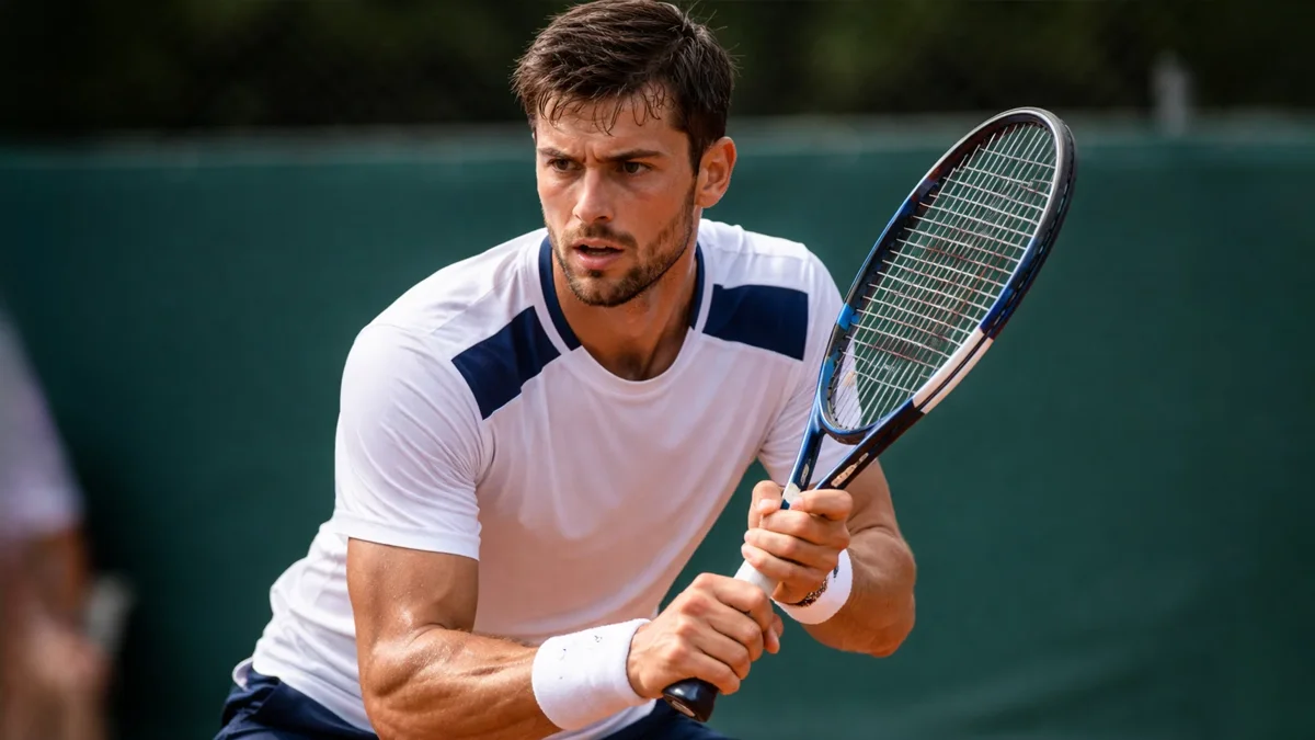 Tennisspieler zeigt konzentrierte Körpersprache während eines Matches
