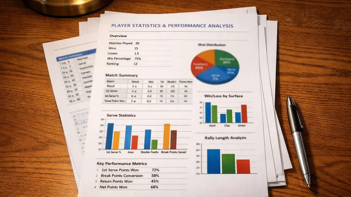 Dokument mit Tennisstatistiken und Spieleranalyse auf einem Schreibtisch