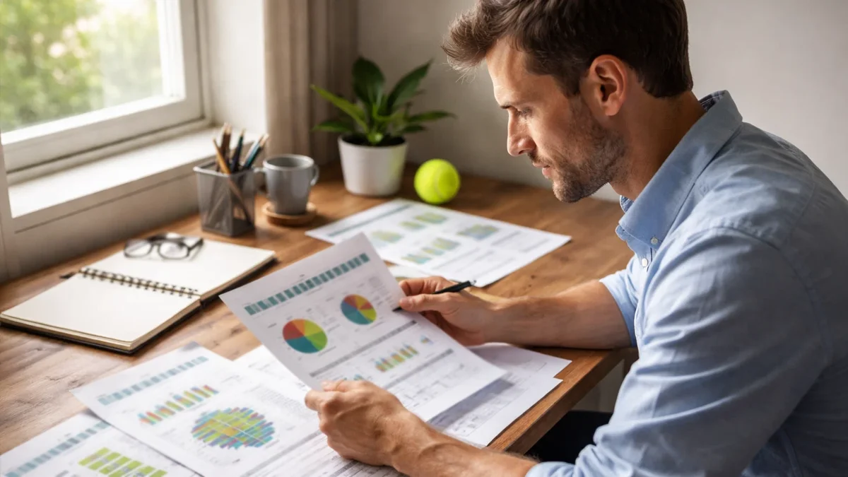 Person analysiert Tennisstatistiken am Schreibtisch