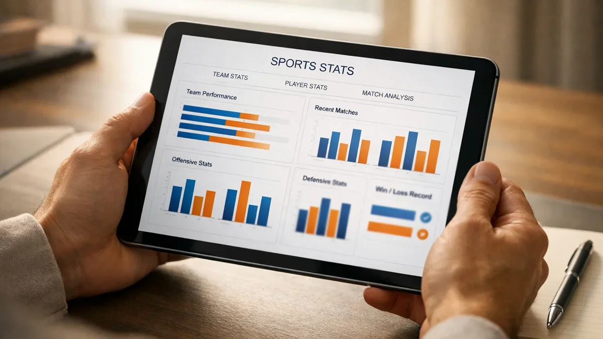 Hände halten ein Tablet mit Sportstatistik-Grafiken auf einem modernen Schreibtisch mit Notizbuch
