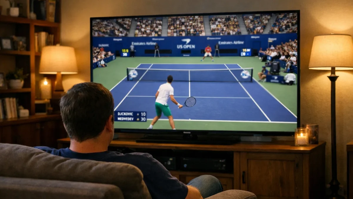 Person beobachtet konzentriert ein Tennismatch auf einem Bildschirm
