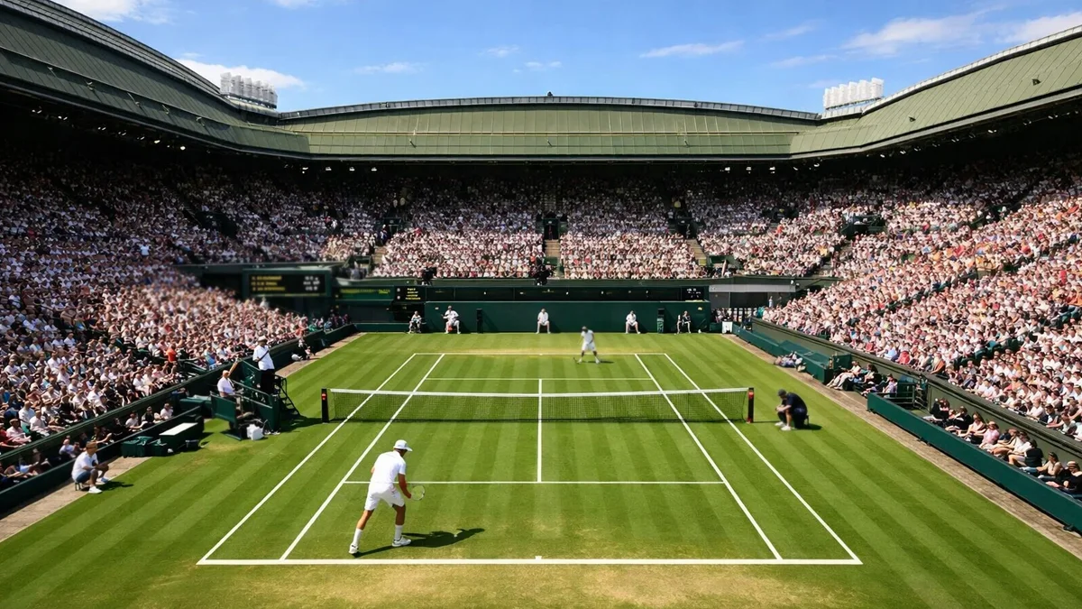 Blick auf den Centre Court eines Rasenturniers mit Zuschauern auf den Tribünen