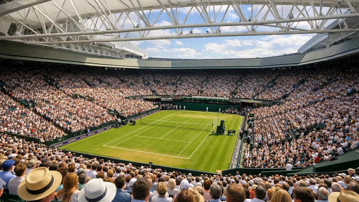 Wimbledon Centre Court gefüllt mit Zuschauern, Blick von den oberen Rängen auf den grünen Rasenplatz