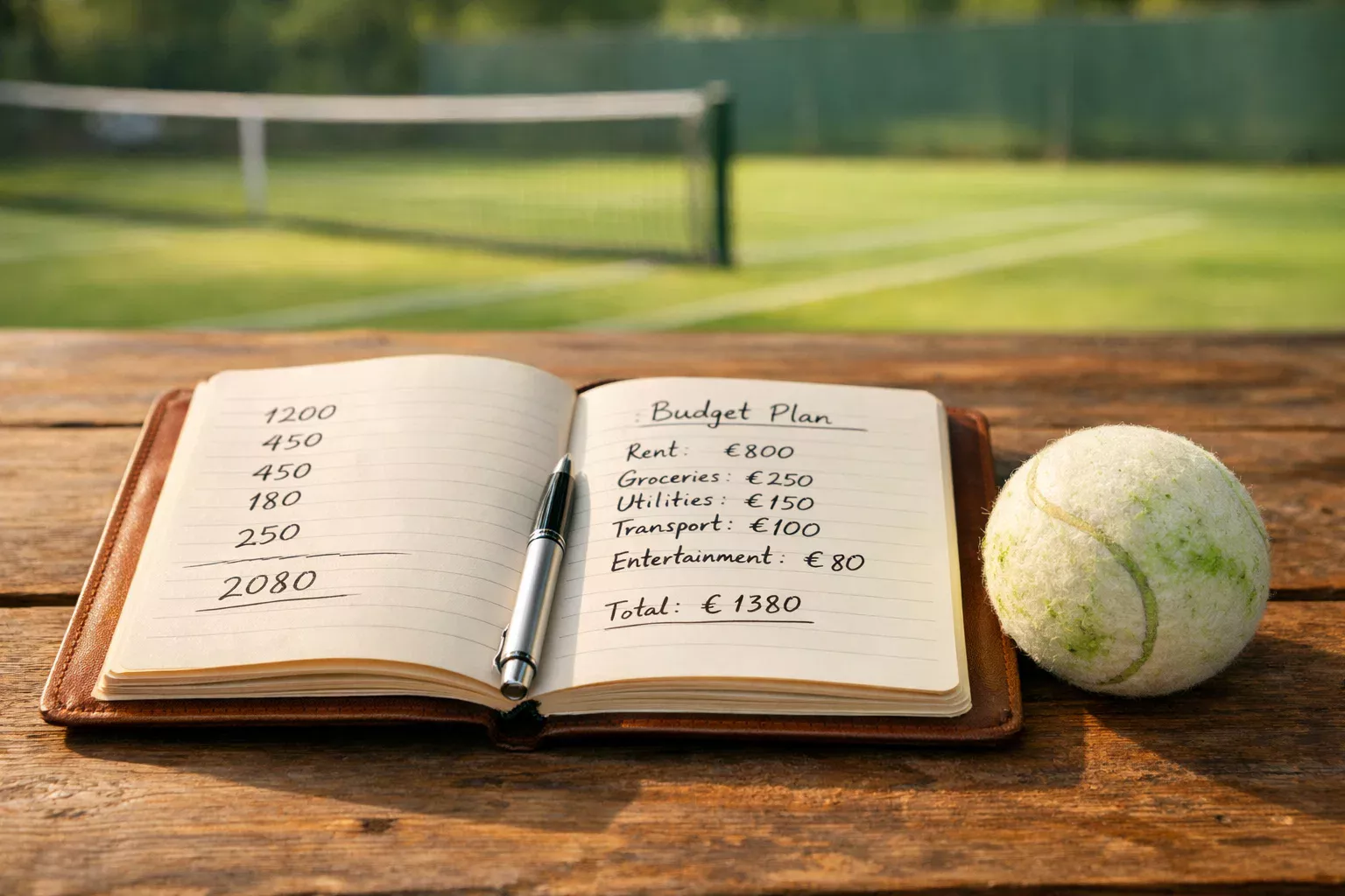 Notizbuch mit Budgetplanung für Wimbledon Wetten neben Tennisball auf Rasen