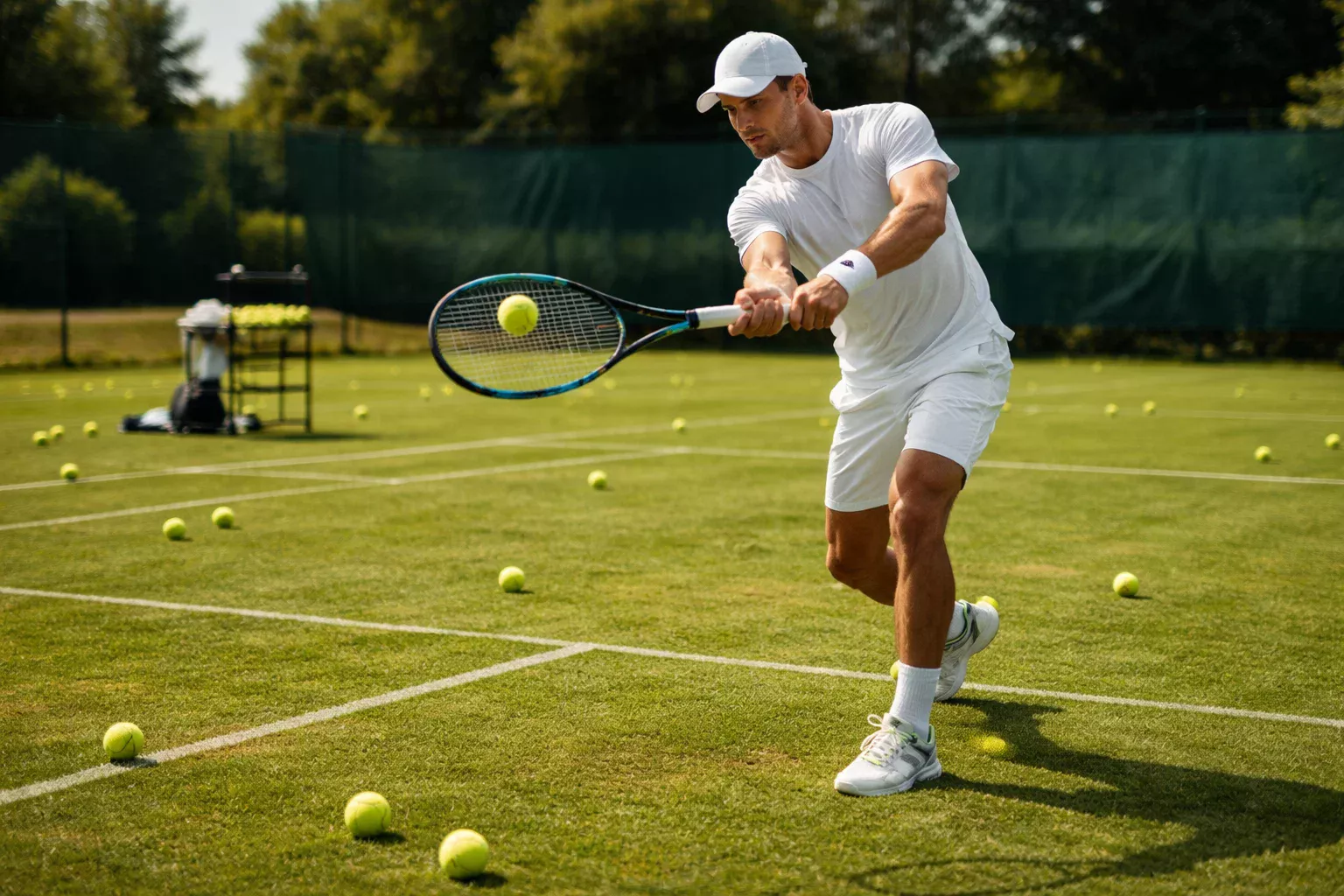 Tennisspieler beim intensiven Training auf Rasenplatz