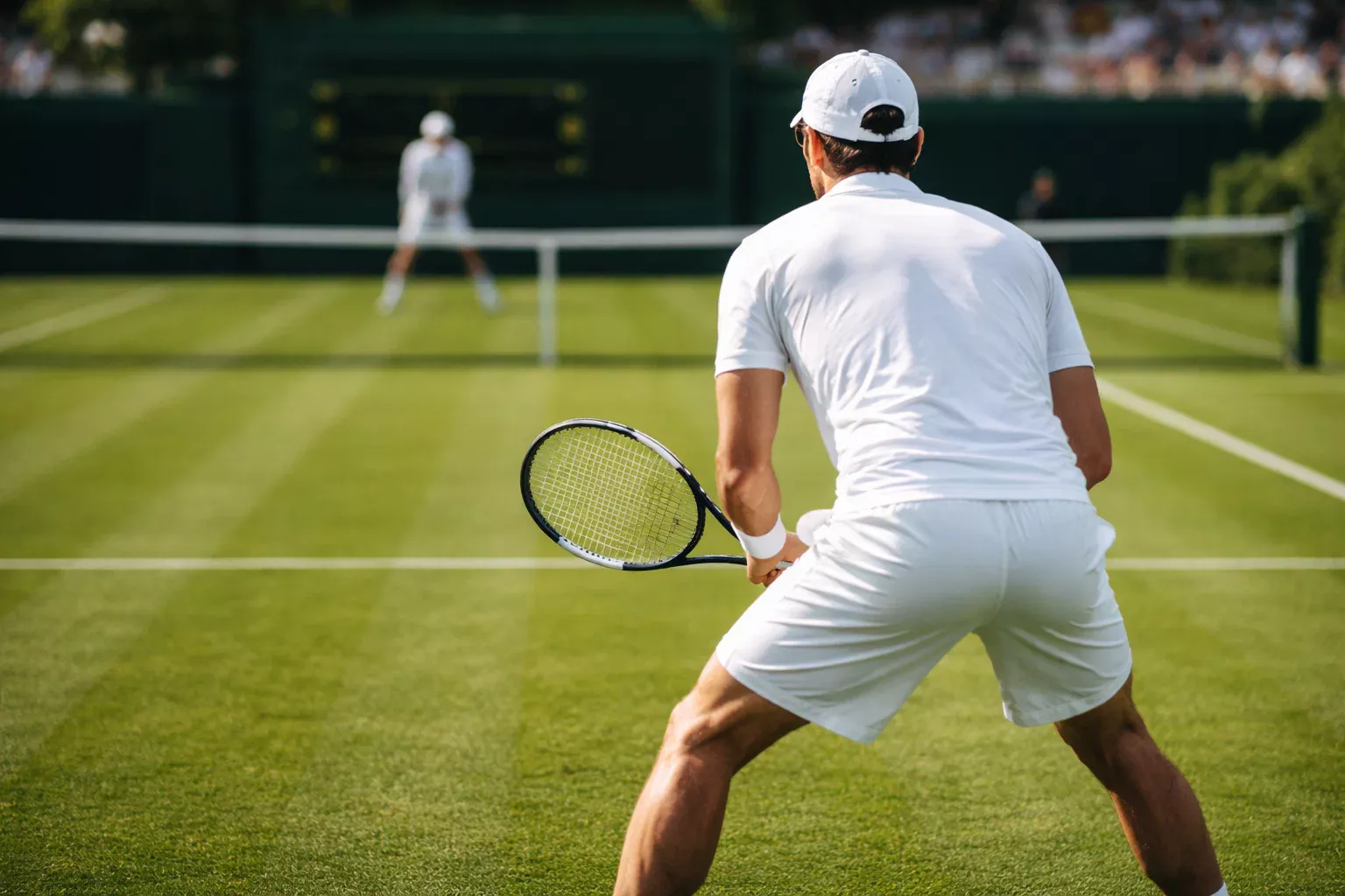 Tennisspieler auf Wimbledon Rasenplatz mit Anzeigetafel im Hintergrund