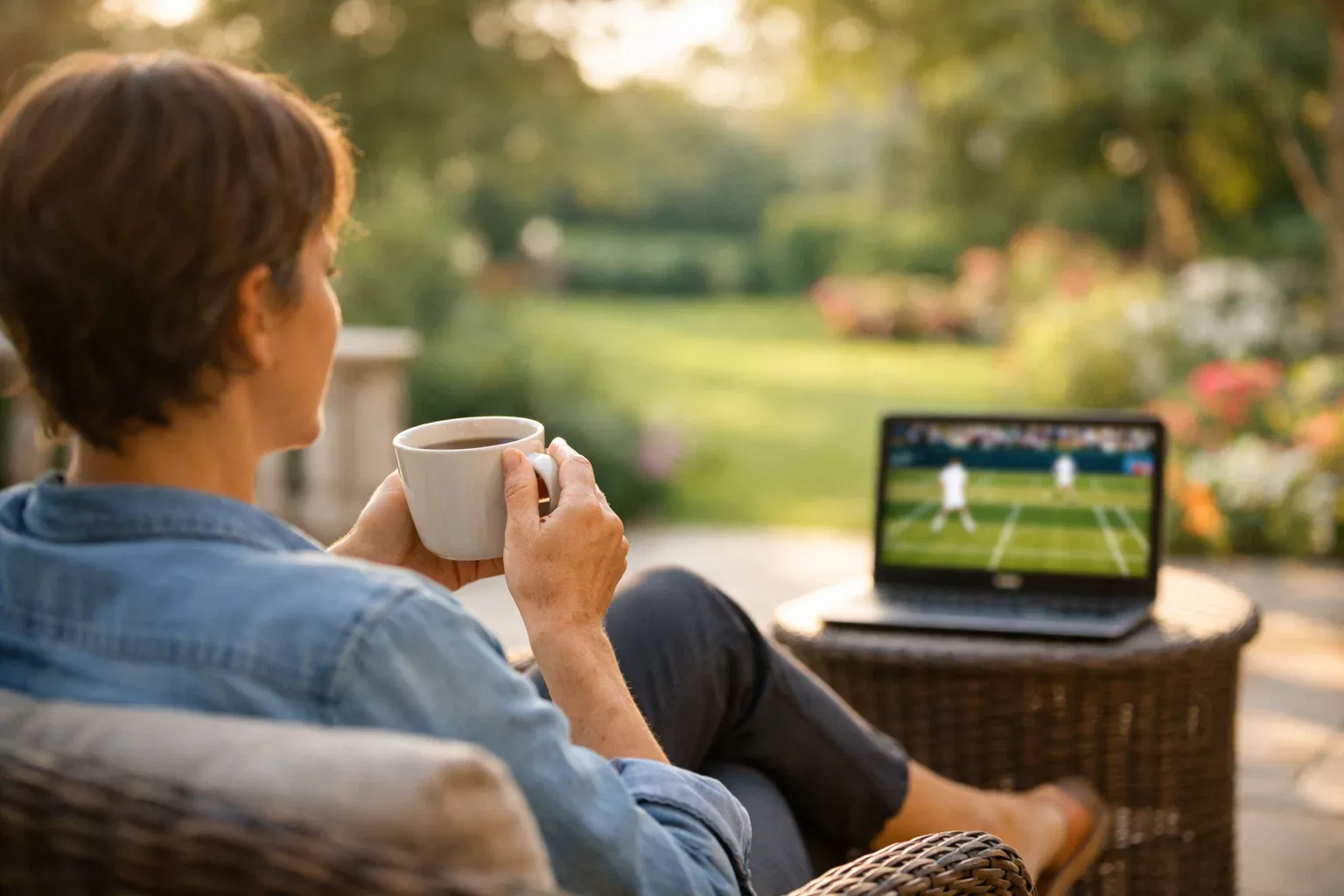 Person macht Pause vom Bildschirm mit Wimbledon Match im Hintergrund