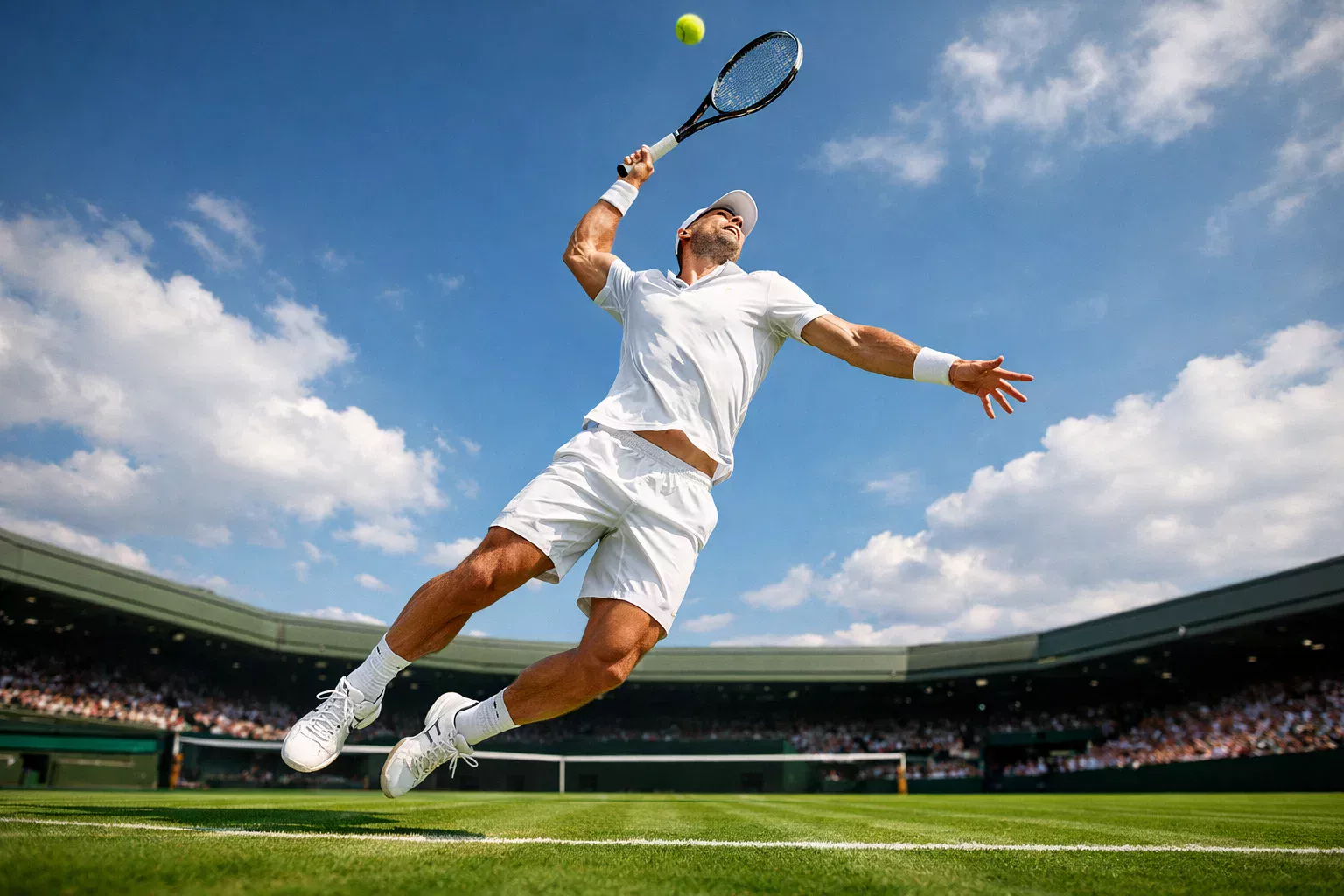 Tennisspieler beim kraftvollen Aufschlag auf Wimbledon-Rasen