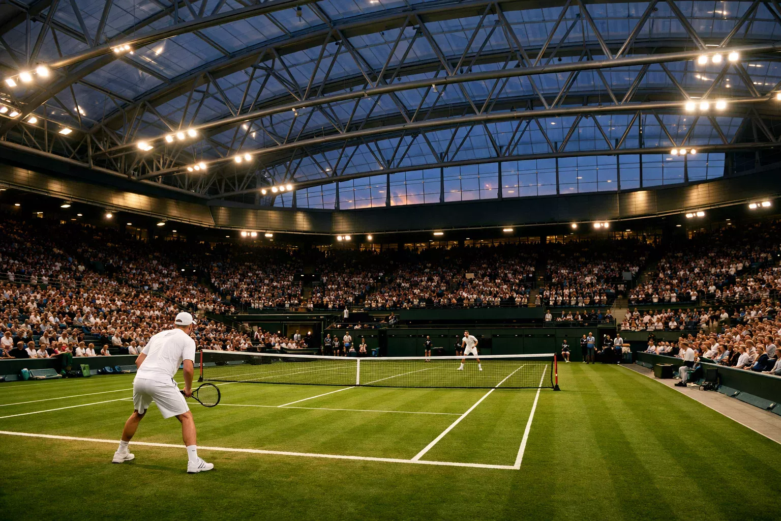 Wimbledon Centre Court mit geschlossenem Schiebedach während Abendmatch