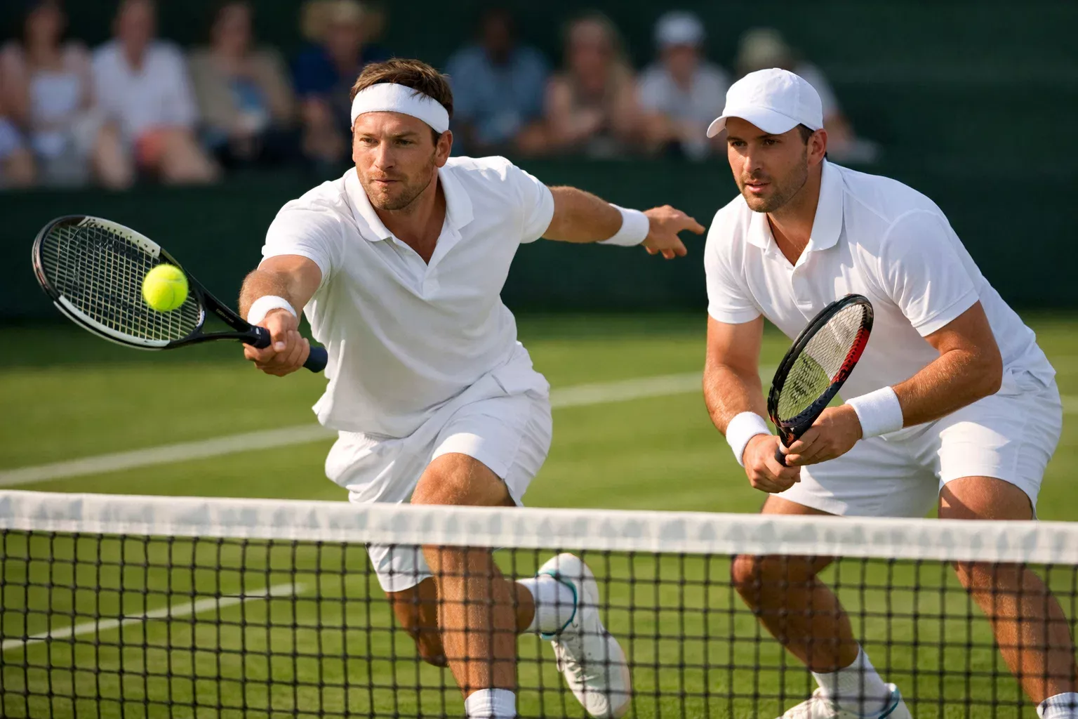 Doppel-Team am Netz auf Wimbledon Rasenplatz während Volleyaustausch