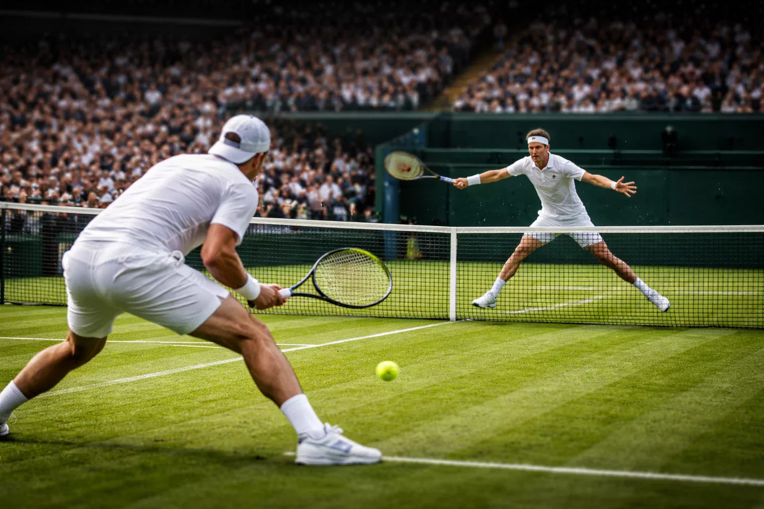Intensiver Ballwechsel zwischen zwei Tennisspielern auf Rasen
