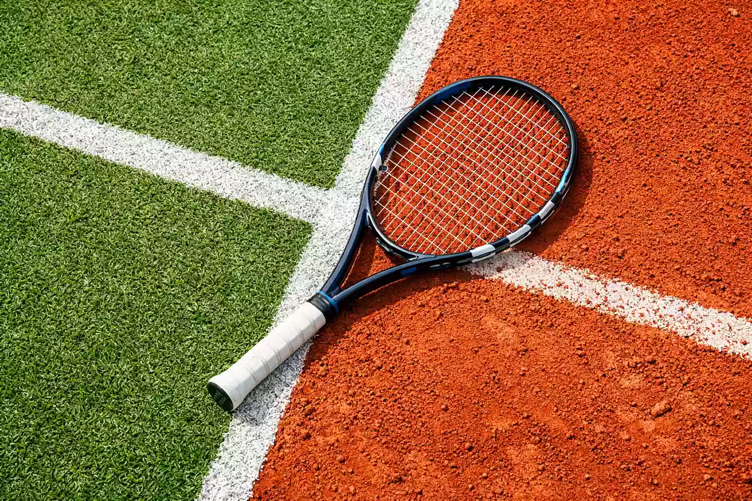 Tennisplatz halb Rasen halb Sand mit Tennisschläger