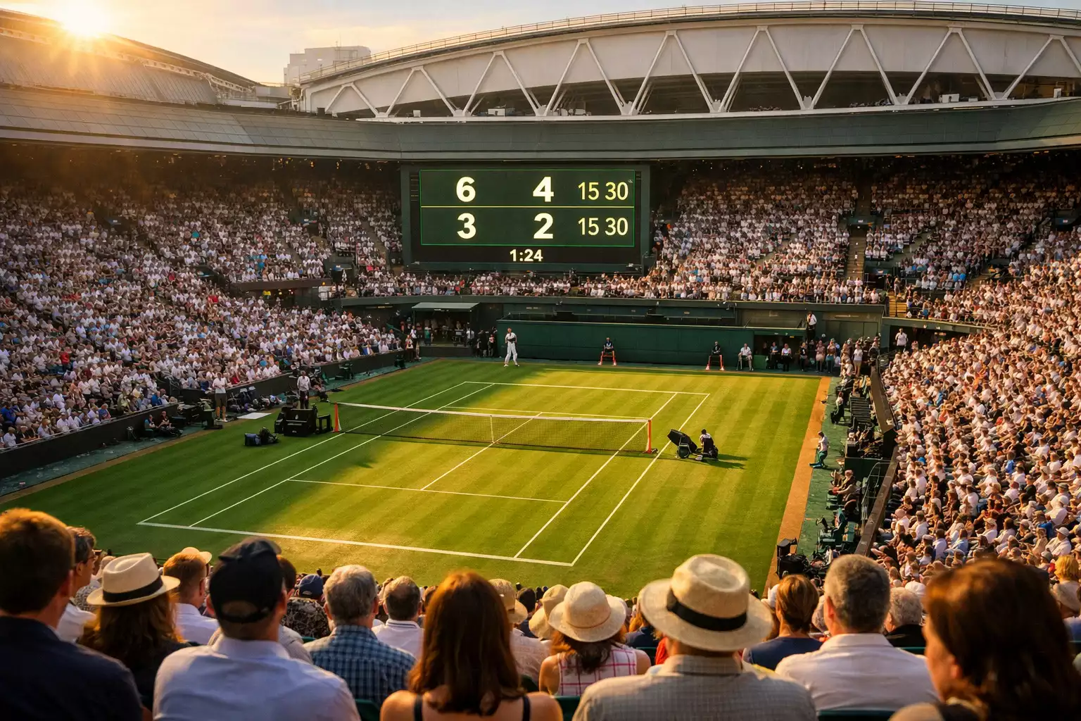 Wimbledon Centre Court mit Anzeigetafel und vollem Zuschauerrang