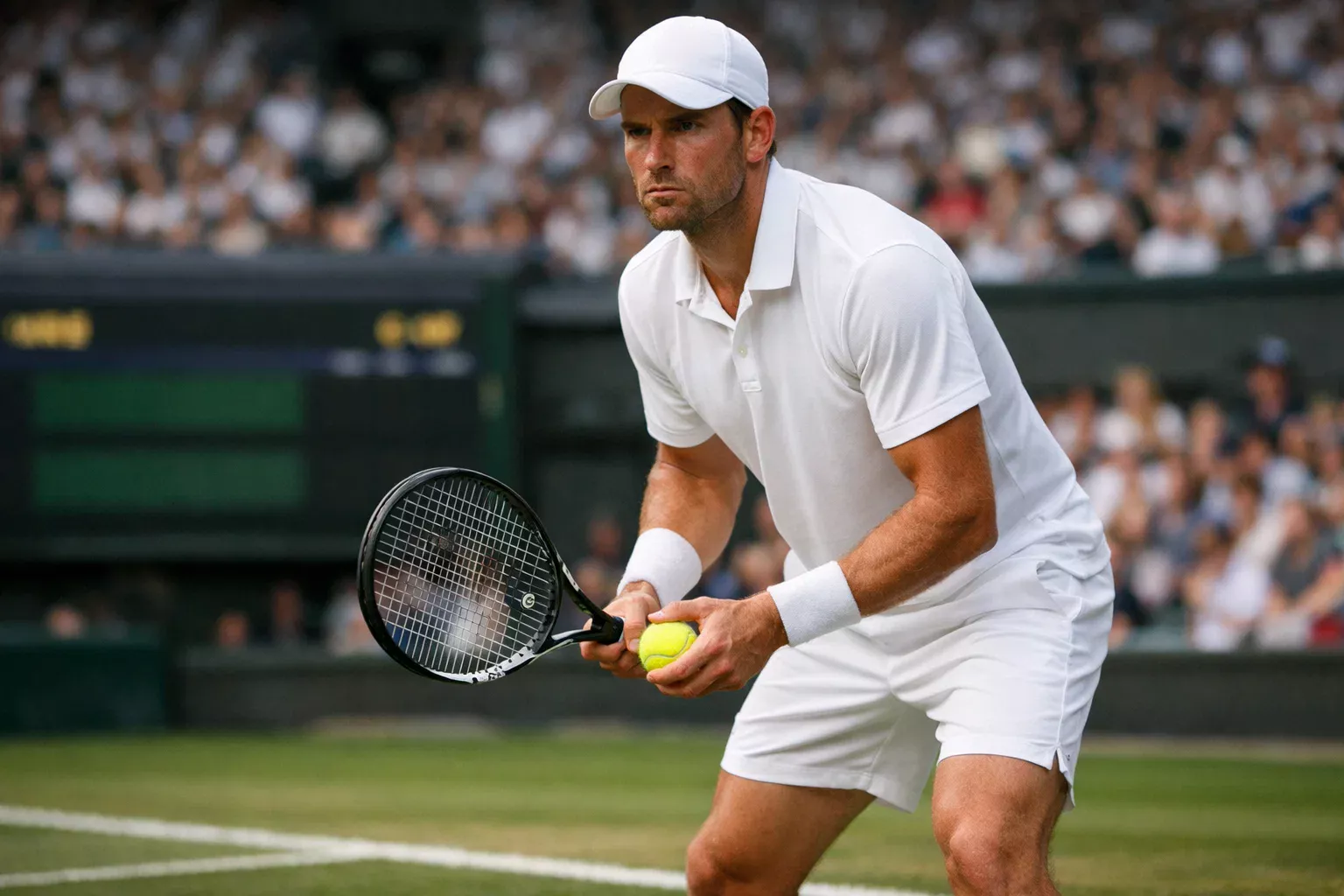 Tennisspieler konzentriert vor entscheidendem Aufschlag im Tiebreak