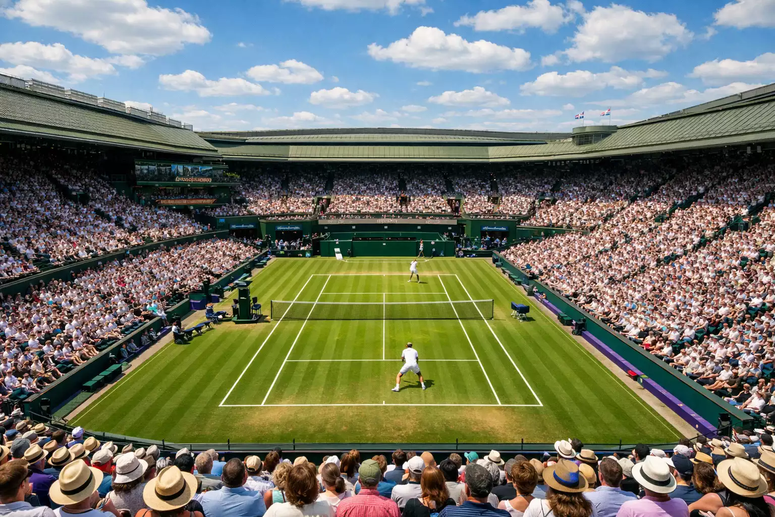 Centre Court Wimbledon mit Zuschauern bei einem Tennismatch