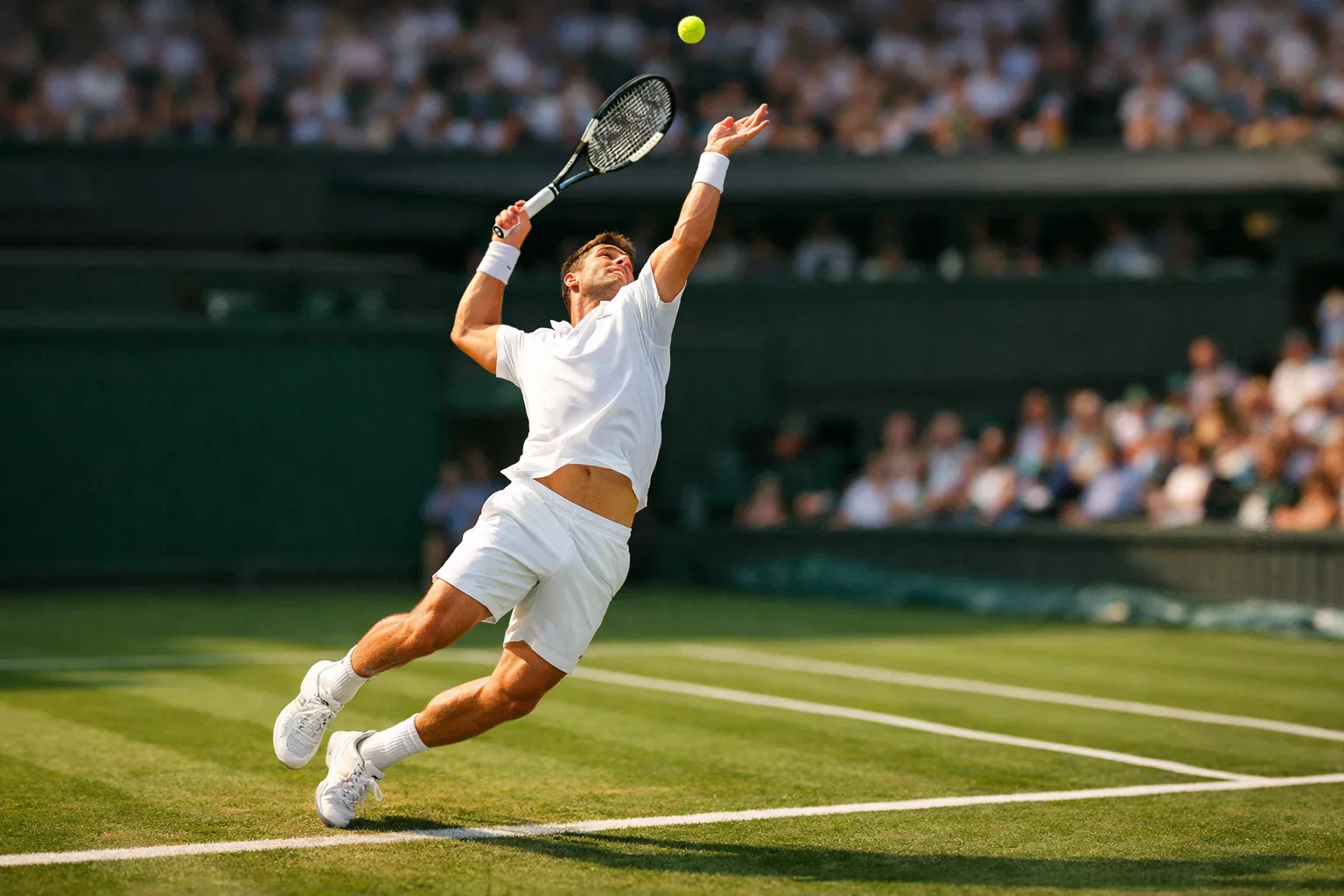 Tennisspieler beim Aufschlag auf Wimbledon-Rasen