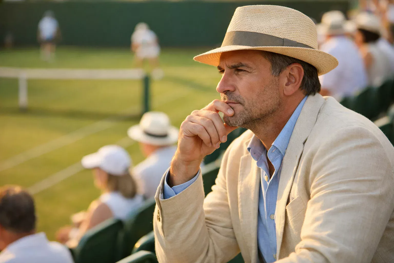 Nachdenklicher Mann analysiert Tennisspiel auf Wimbledon Centre Court